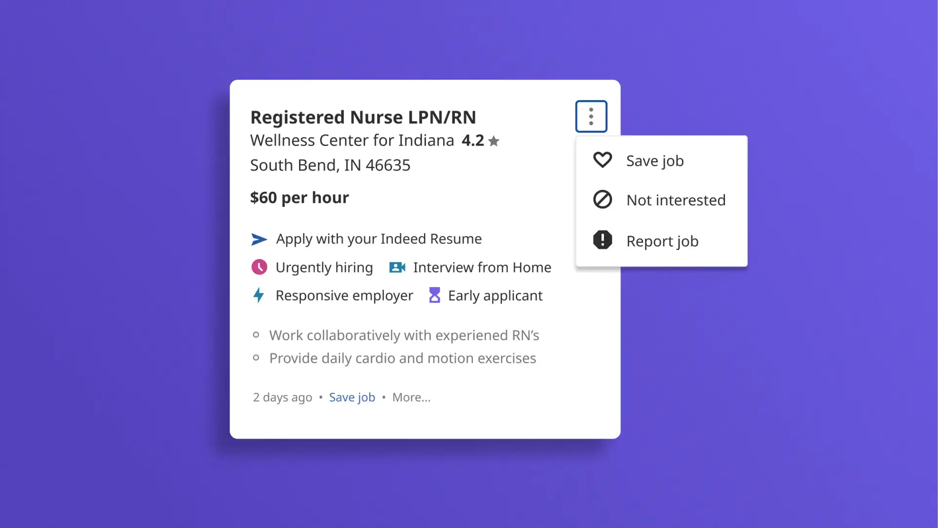 Indeed.com job card with icons by important noninteractive UI text, like a magenta clock with text "Urgently hiring."