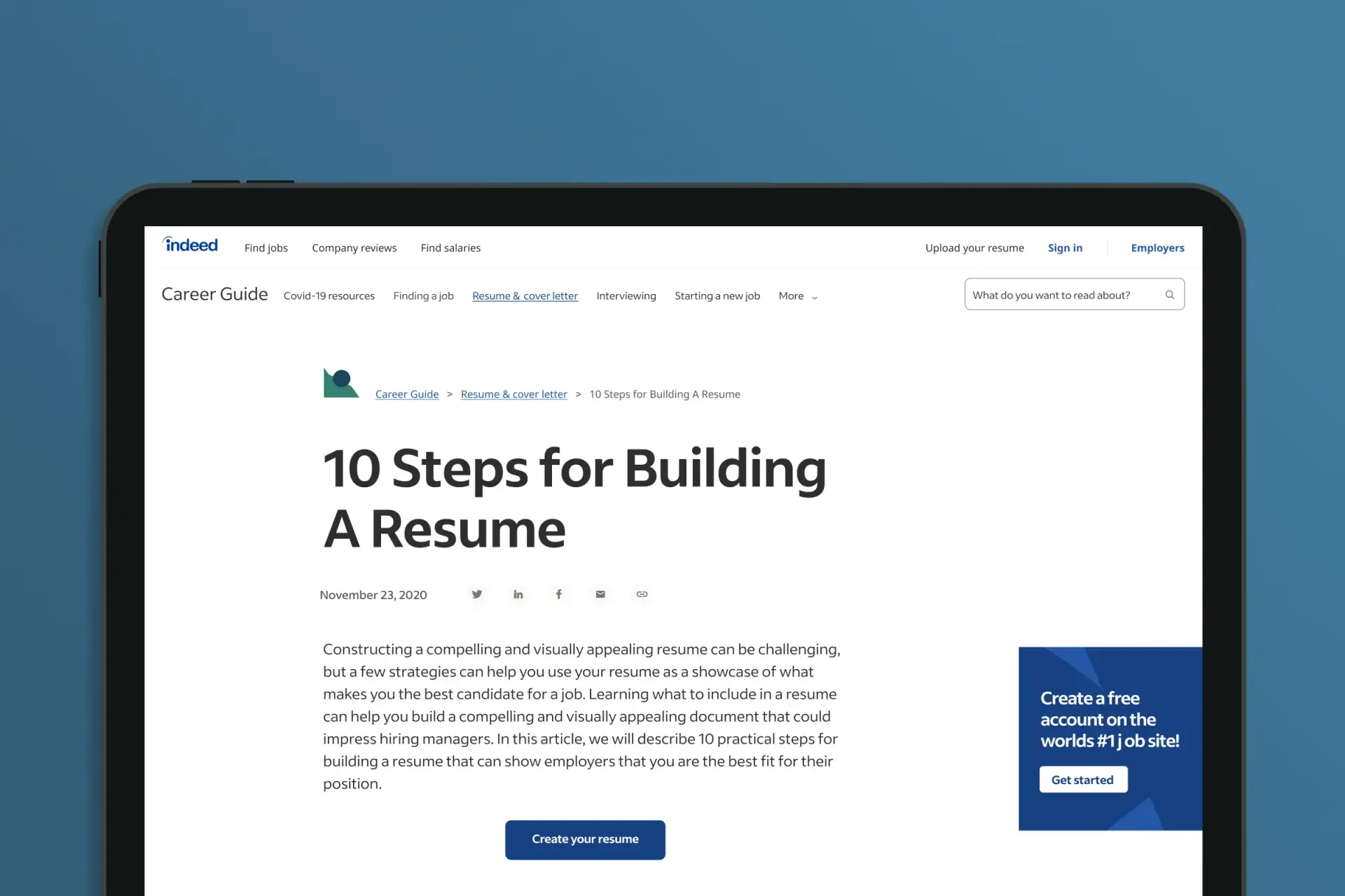 Indeed Career Guide site article set in Indeed Sans type with headline text 10 Steps for Building A Resume