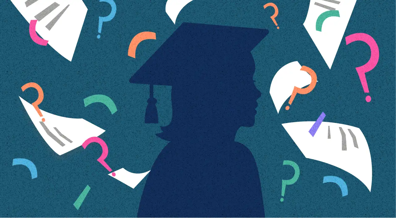 The silhouette of a cap-and-gown graduate looks onward while papers and question marks rain down