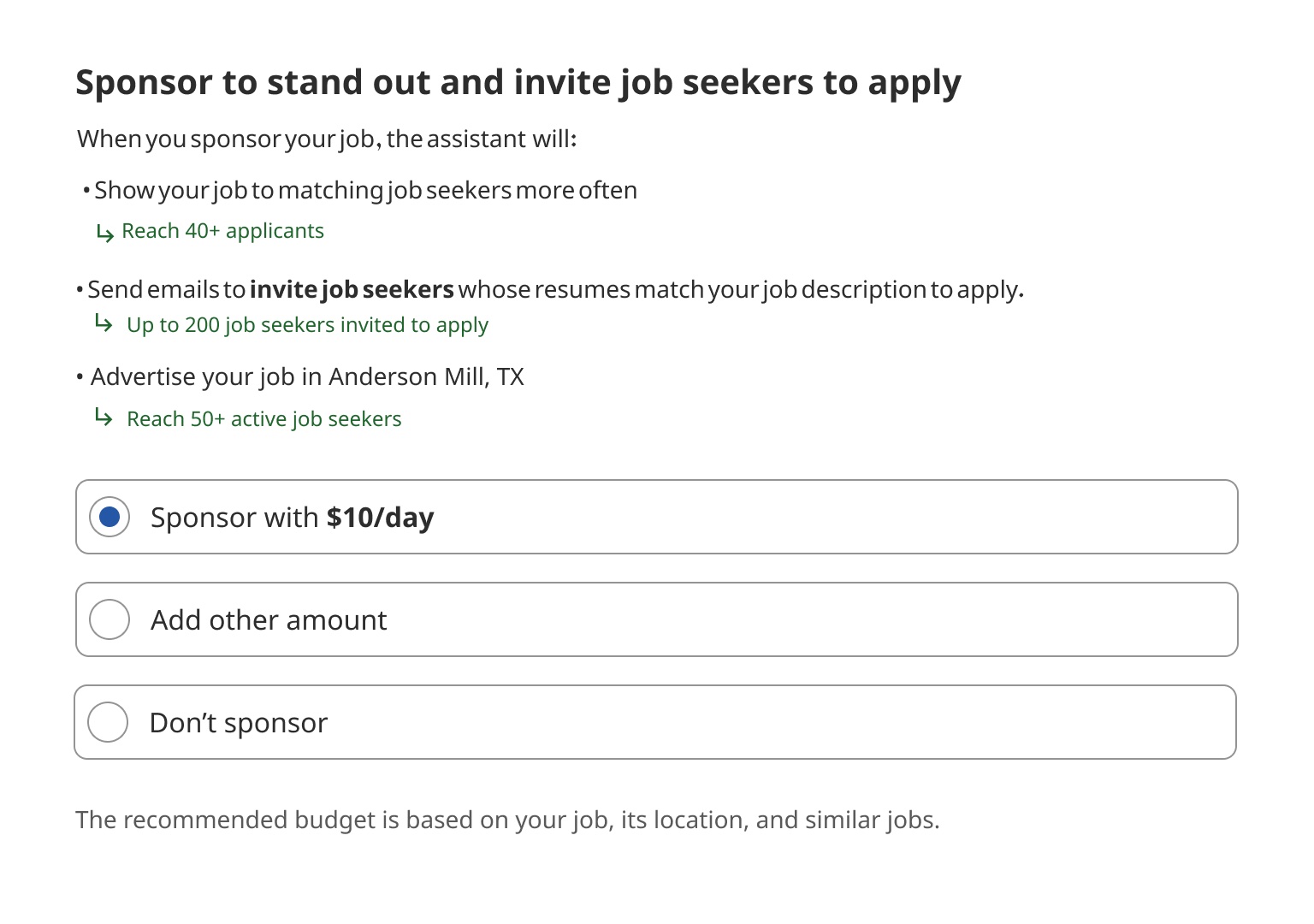 An old webpage design displays many lines of text to ask Indeed's employer customers whether they'd like to sponsor a job post and opt-in to using the virtual recruiting assistant. A bold header begins the page, and green text highlights the benefits offered by the virtual assistant. Three different buttons at the bottom of the screen allow customers to pay a set fee, opt in at another cost, or opt out all together.