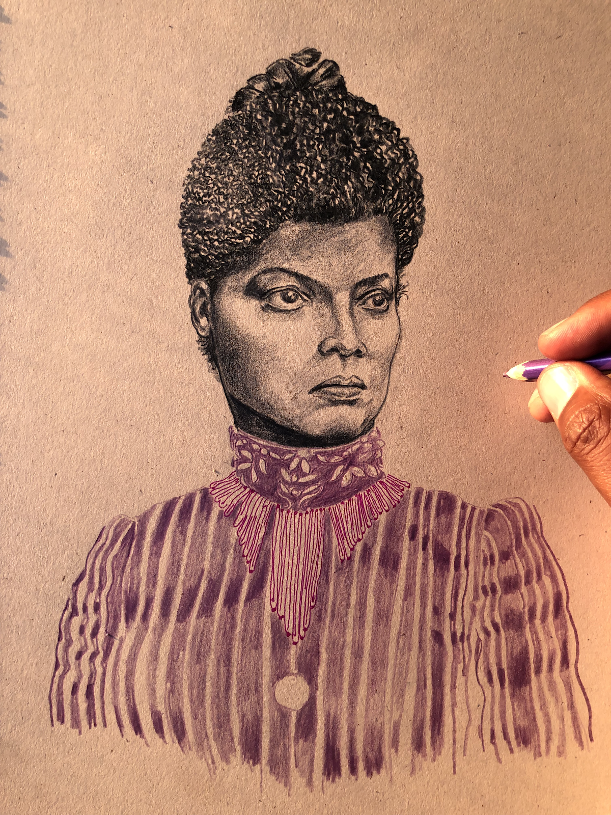 McCalman's hand at work a portrait of civil rights icon and NAACP cofounder Ida B. Wells.