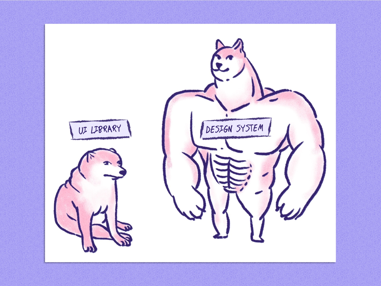 Weak dog labeled "UI library" sits next to strong dog labeled "design system"