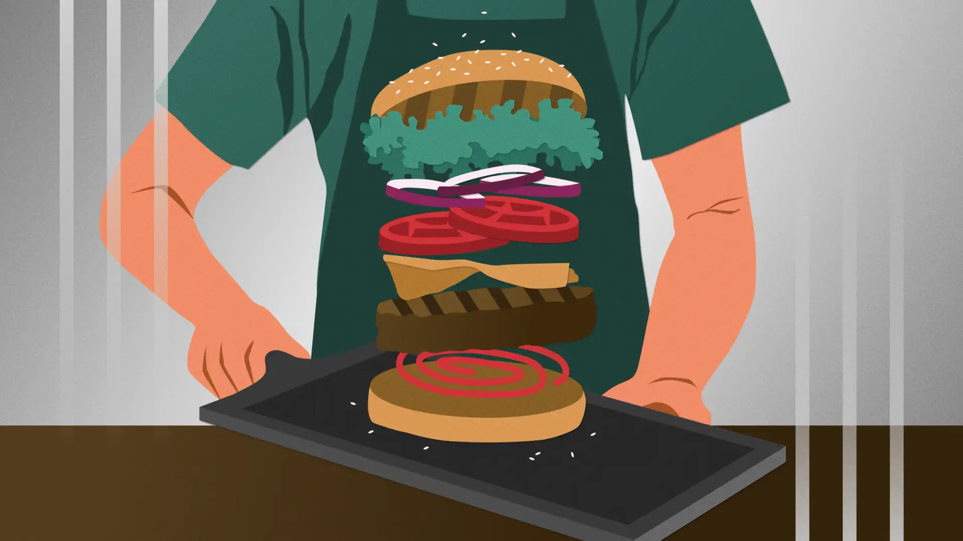 A cook prepares to catch the stacked ingredients of a burger on a handled cutting board.