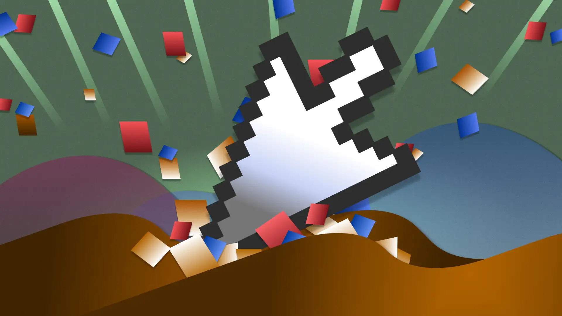 A large pixelated cursor crashes into hills, and numerous pixels contort and explode into the sky.