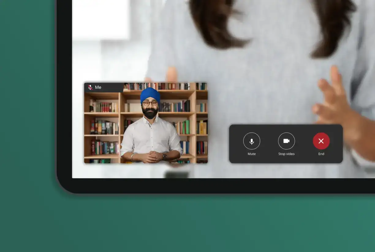 Indeed virtual interview room, microphone icon with label "mute", camera icon with label "stop video", X icon with label "end"