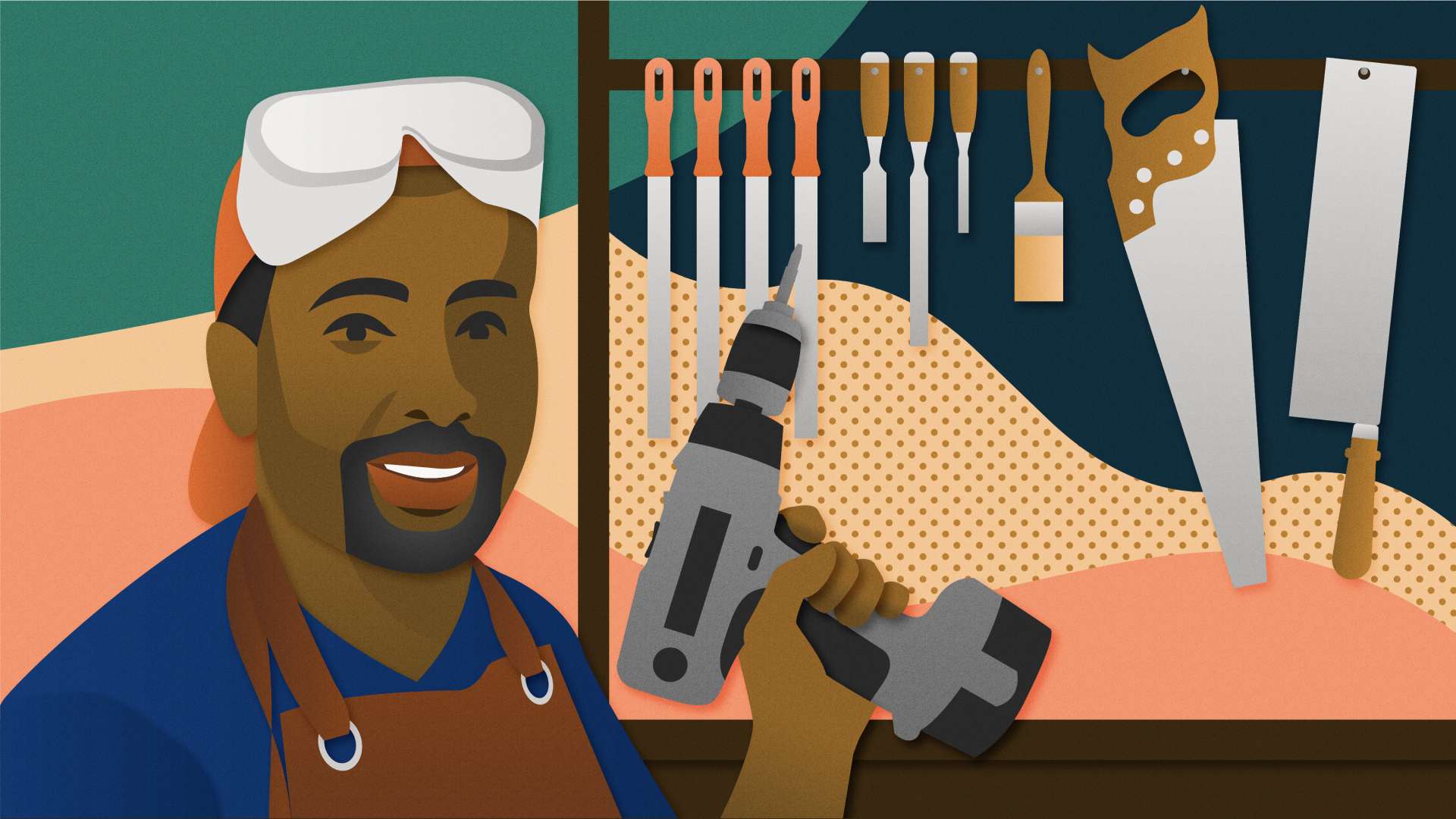 Illustration of Jomo Tariku, a Black man, wearing work clothes and holding a drill in front of a rack of hand tools.