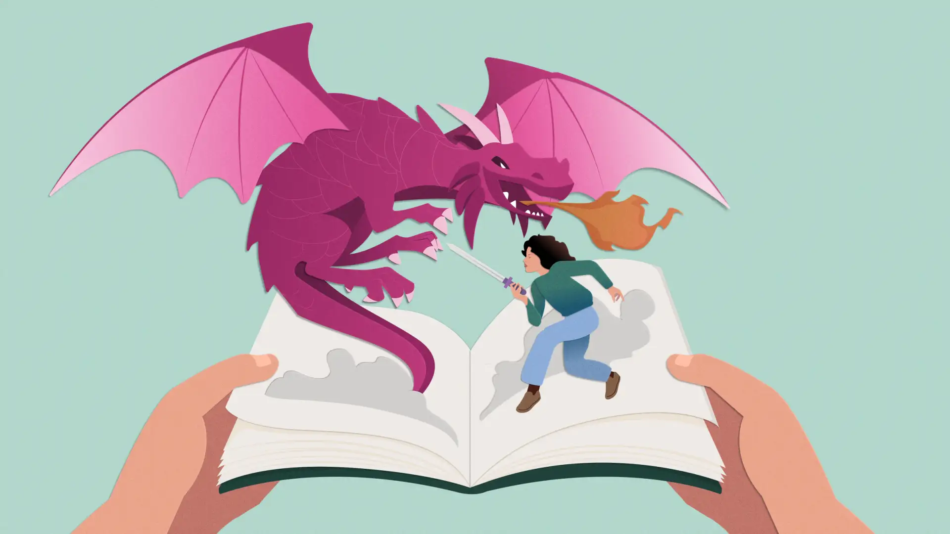 Person with a sword and fire-breathing dragon face each other atop open book held in two hands.