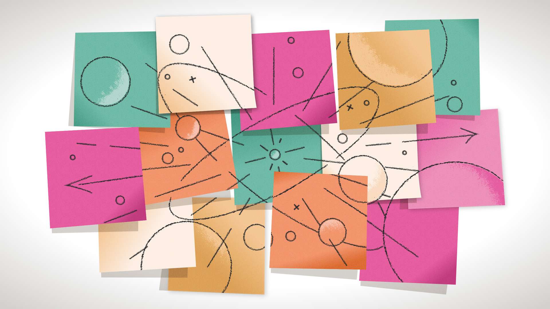 Black line-drawings on a collage of multicolored sticky notes combine to reveal orbs and neutron shapes.
