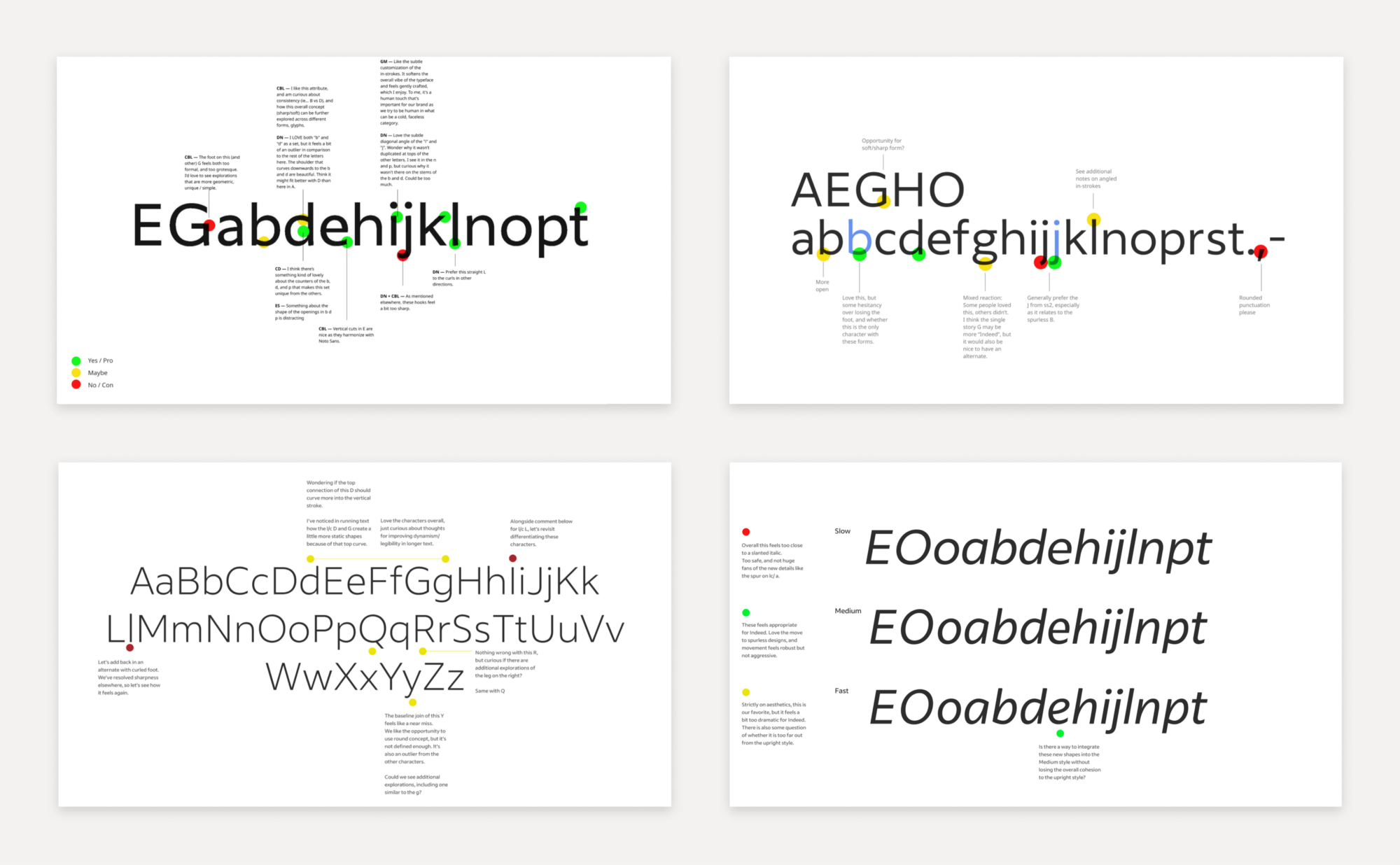 Four examples of in-progress Indeed Sans type specimens annotated with feedback from Indeed teammates.