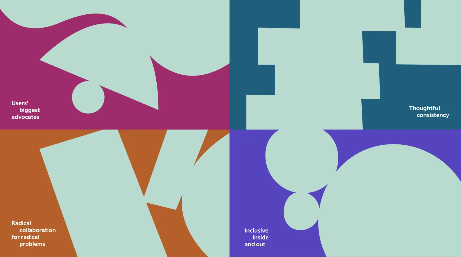 Represented by shapes, our quadrants each show one of Indeed's design principles: Users' biggest advocate, thoughtful consistency, radical collaboration for radical problems, and inclusive inside and out.