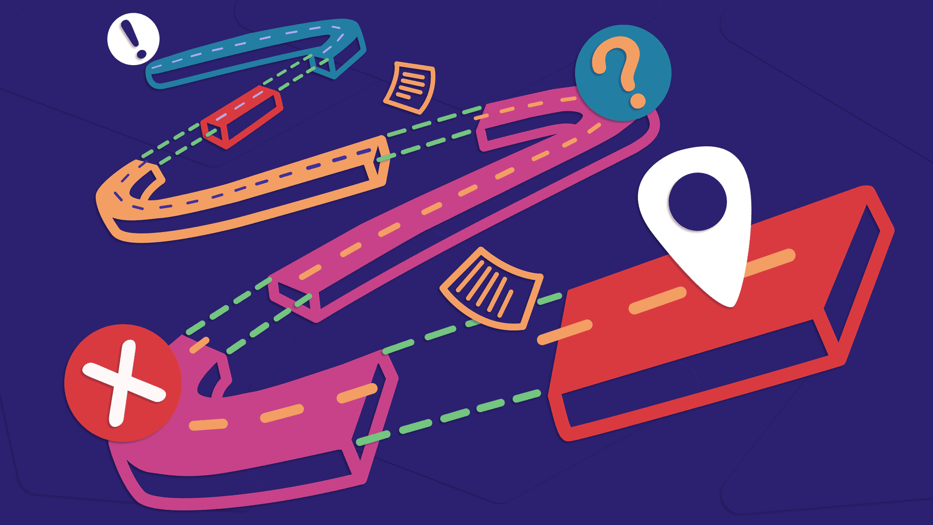Along a winding doodled road, papers fly around and icons like pins, Xs, question marks pop up.