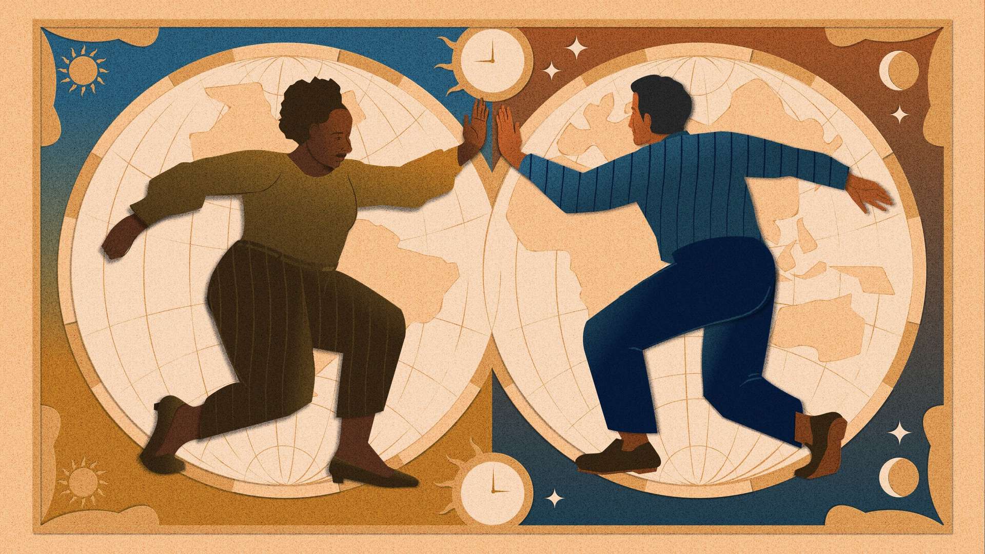 Two people high-fiving against a background split into the western and eastern hemispheres, as well as day and night. Clocks show two different times: 9 am and 3 pm.