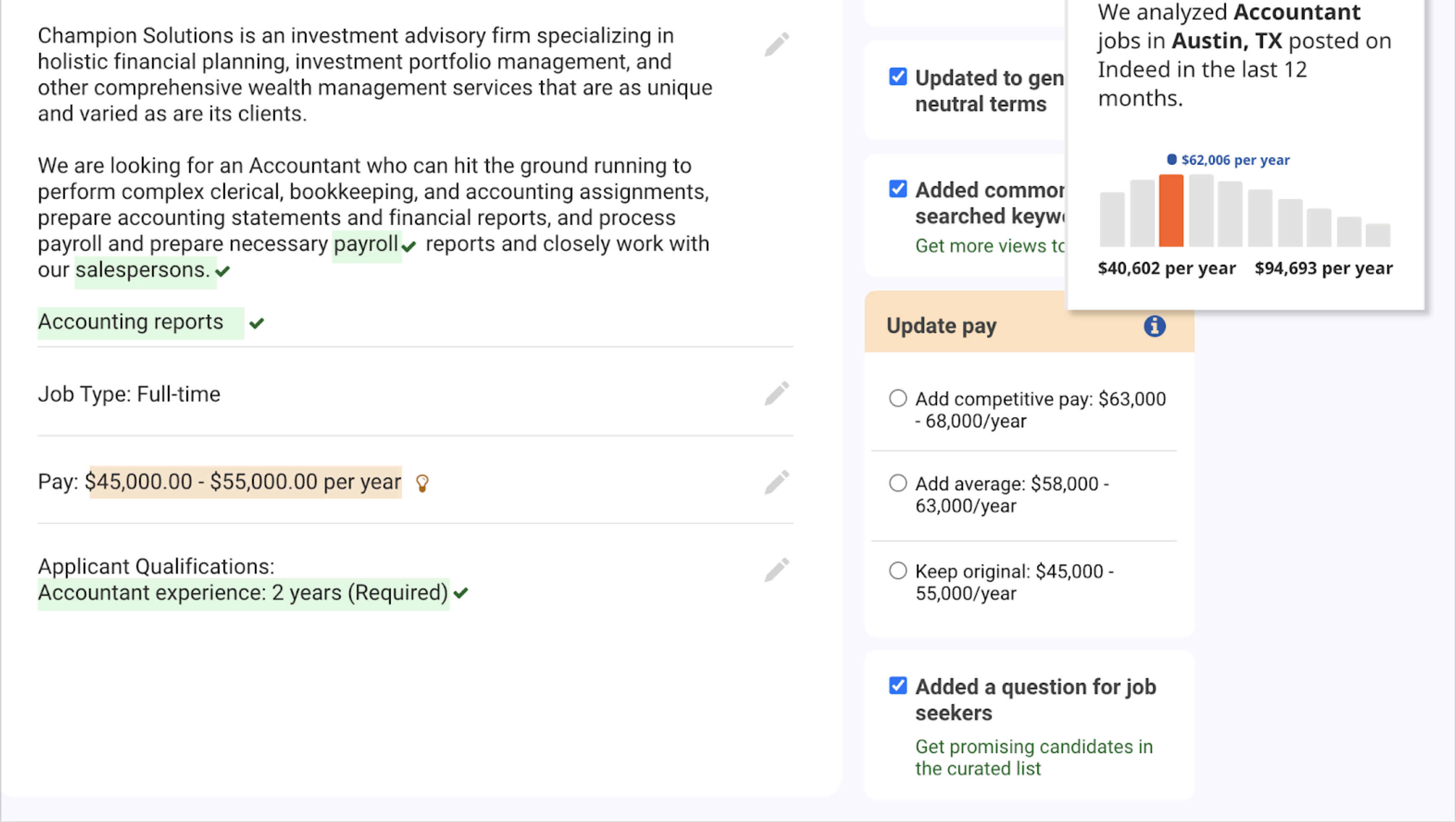 The updated design displays a sample webpage of what employers will see after opting into the automated assistant tool. The job title is clearly displayed, design elements help organize the information and available options, and a bar graph displays where the employer's salary offerings fall in relation to similar jobs.