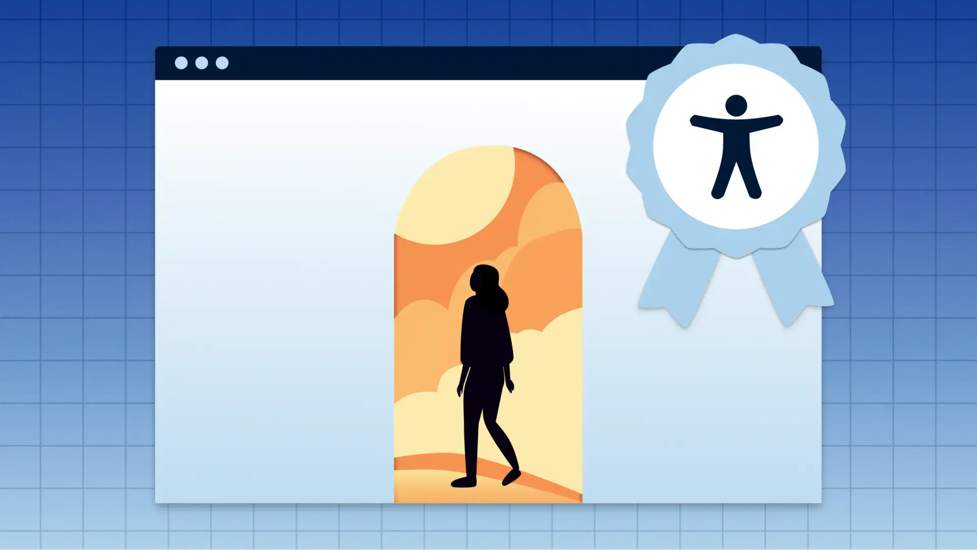On a web page, a silhouetted person walks through a bright doorway, and a certification ribbon adorns the corner of the browser.