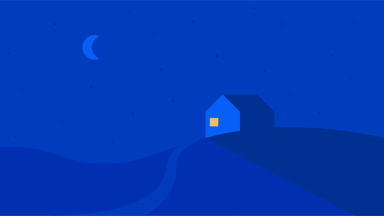 A moon illuminates a small home atop a hill, and yellow beams from its front window.