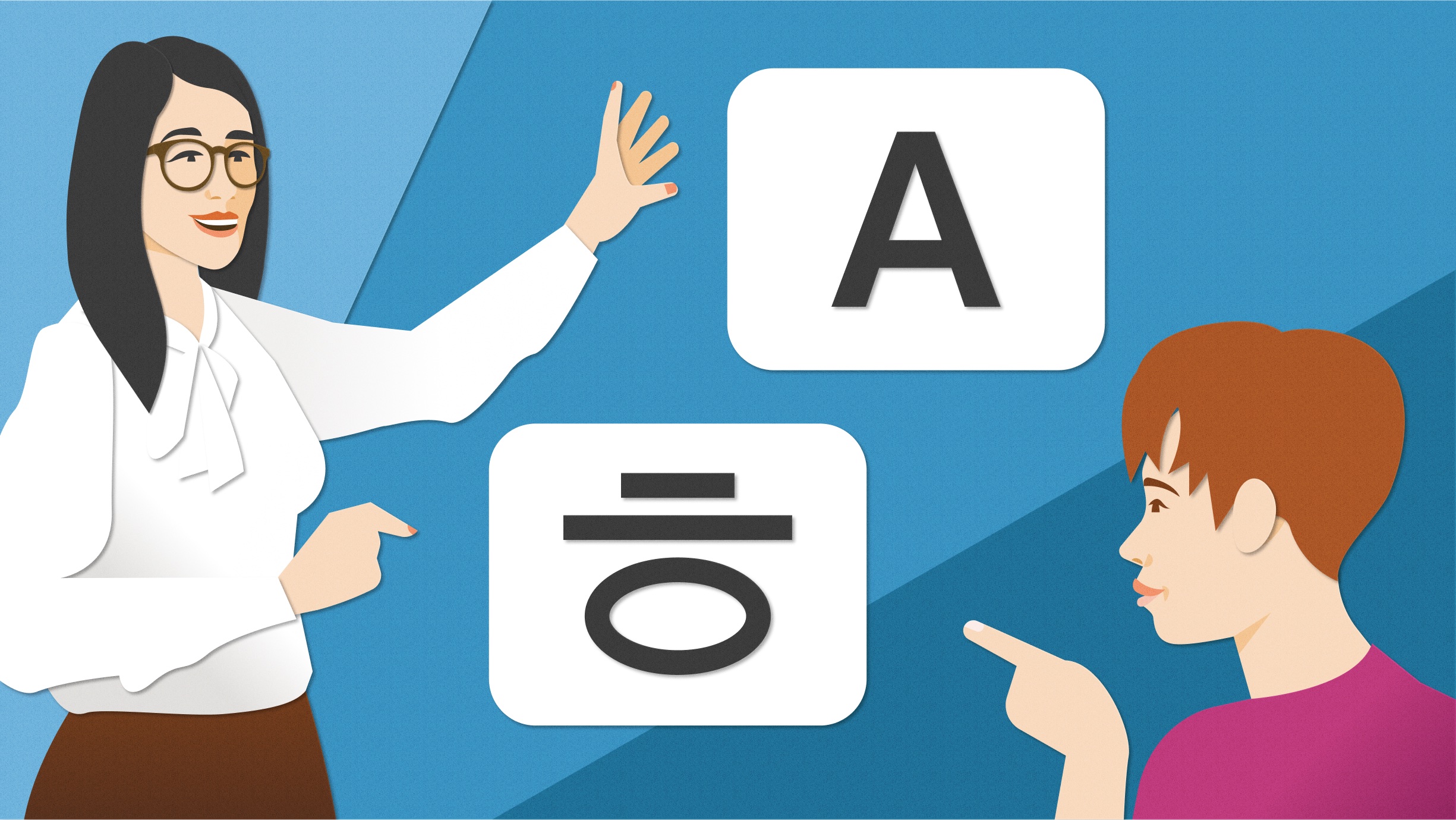 A teacher gestures toward the letter A and a Korean character, and a student pays attention and points