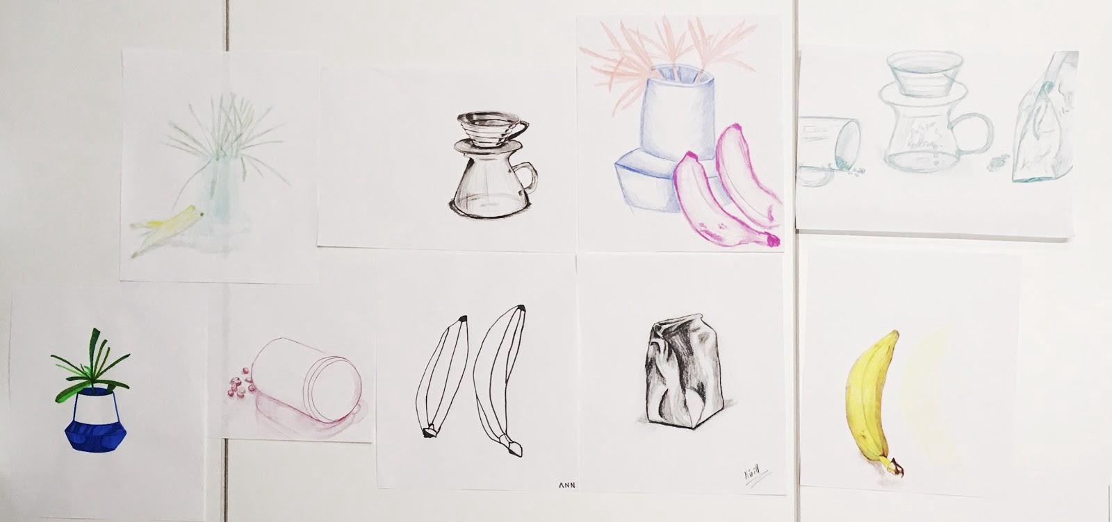 Selection of still-life sketches taped next to each other on an office whiteboard.