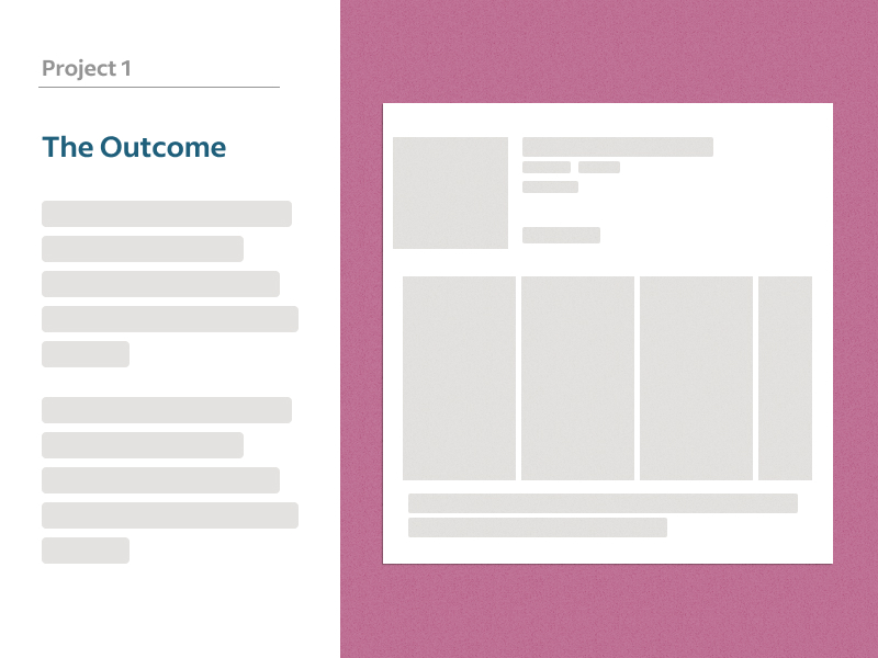 Wireframe of presentation slide with text: Project 1, The Outcome. Below, two blank paragraphs on left, image representing a product screen on right.