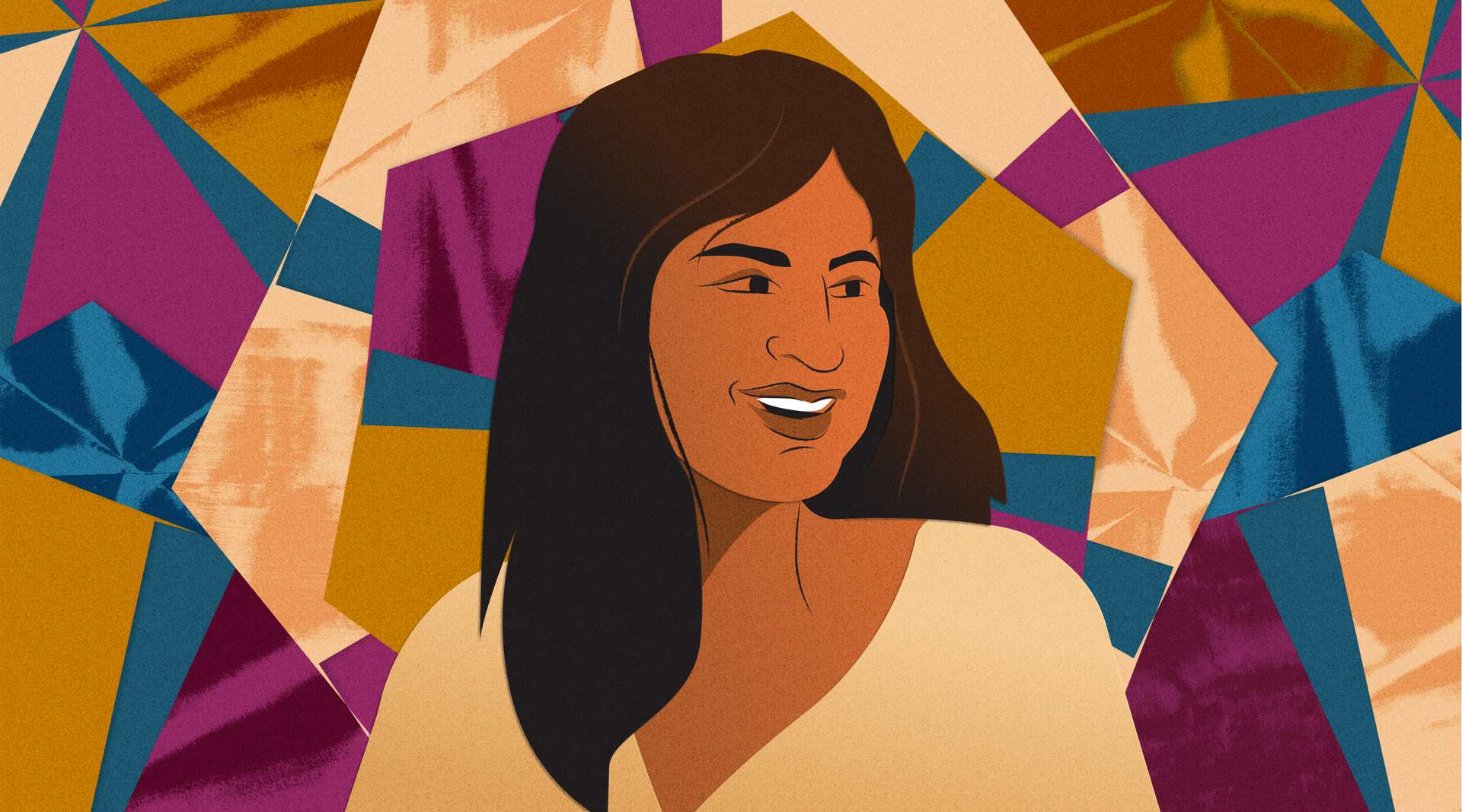 An illustrated headshot of a smiling Sam Kapila against a kaleidoscopic background of maroons, yellows, and blues.