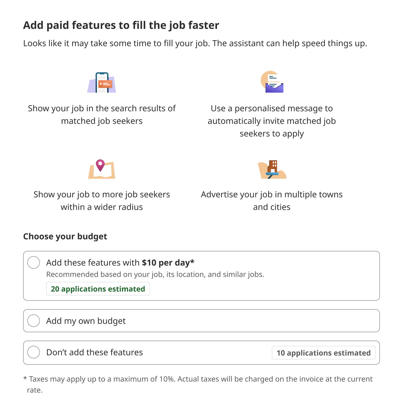 A new webpage design displays a bold header at the top, followed by a grid of four illustrations with accompanying copy. These illustrations show a mobile phone, an envelope, a map, and a building, and each represents a benefit offered by the new tool. A new header that reads "Choose your budget" clearly introduces the three buttons that follow, which allow employers to select the automation option they wish.