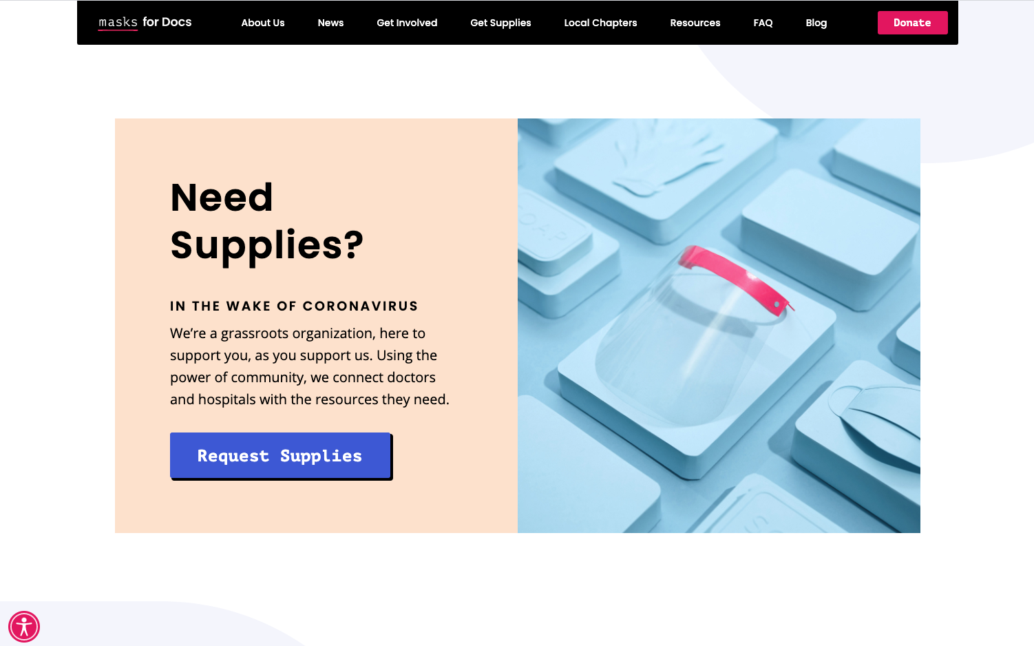 Landing page for the Masks for docs site with a button that reads “request supplies.”