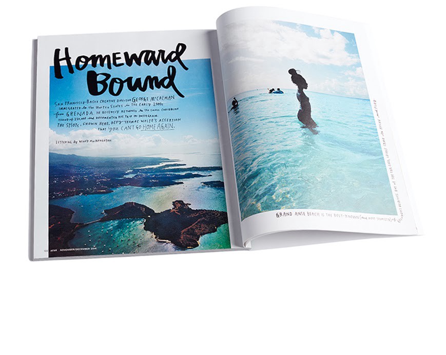 A magazine layout of McCalman's photo essay of the Caribbean, titled Homeward Bound.