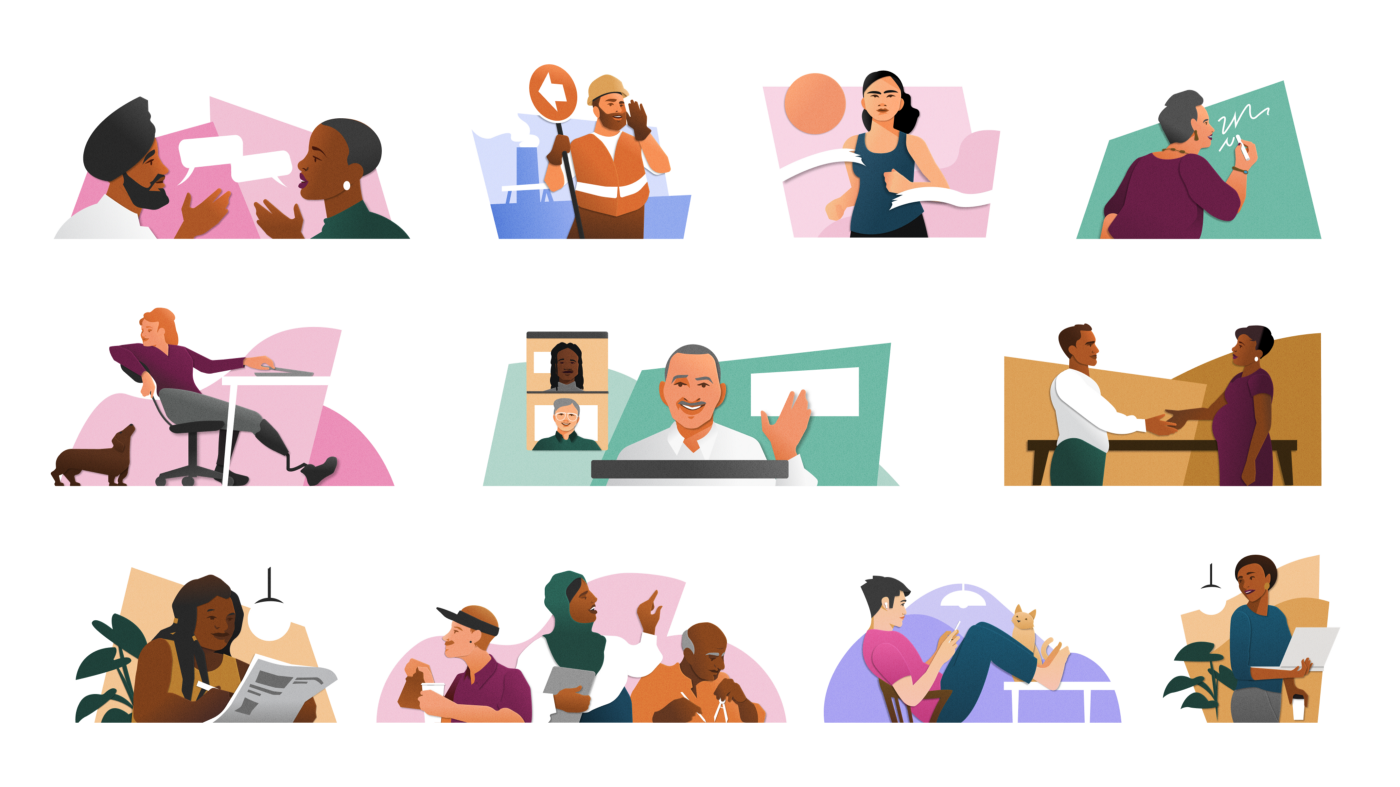 A grid of illustrations showcasing people of different skin tones performing many types of jobs and activities.