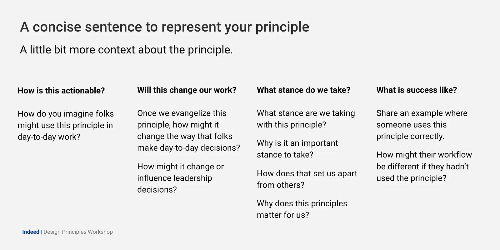 Heading text: A concise sentence to represent your principle; a little bit more context about the principle