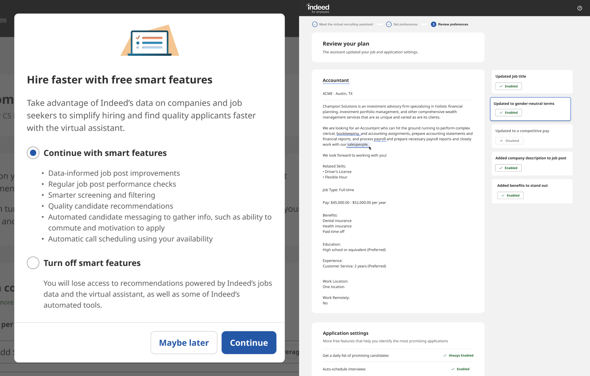 Two side-by-side images display two stages of an automate tool sign-up process. The image on the left is an updated design of a webpage that shows customers the benefits of opting in to a virtual assistant tool. The webpage uses an illustration of a computer, bold headers, minimal lines of text, and just two buttons to help employers understand their options.