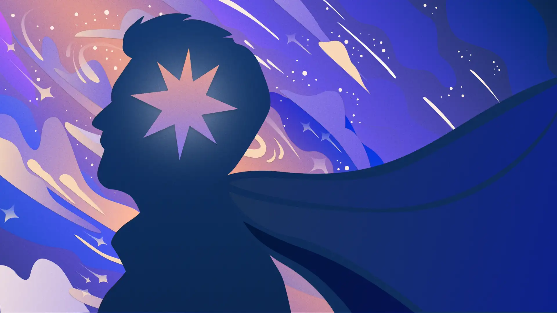 A spark shines from the mind of a caped silhouette against a cosmic background.