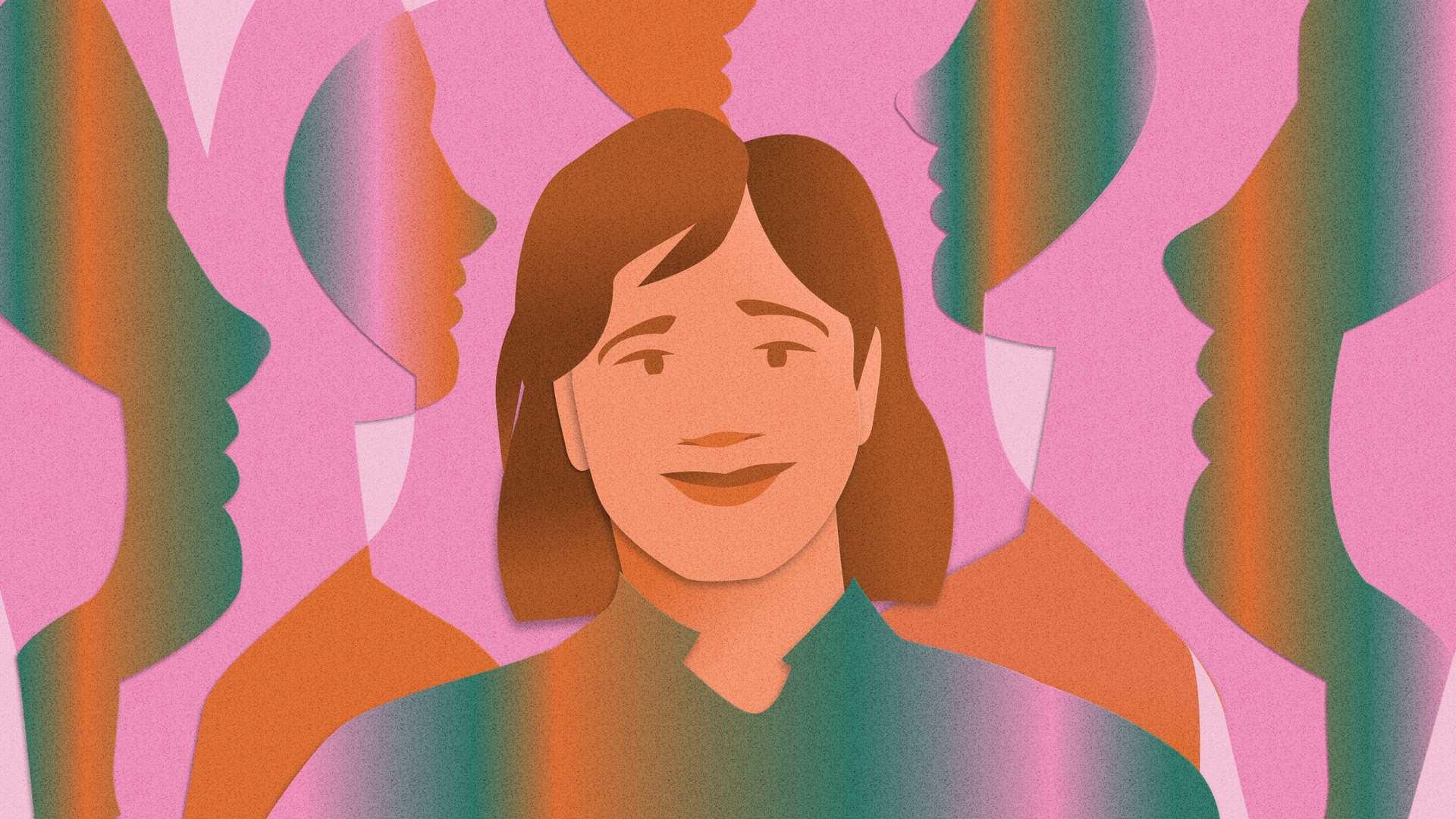 A person with brown hair smiles at the viewer against a background of multicolored silhouettes of faces