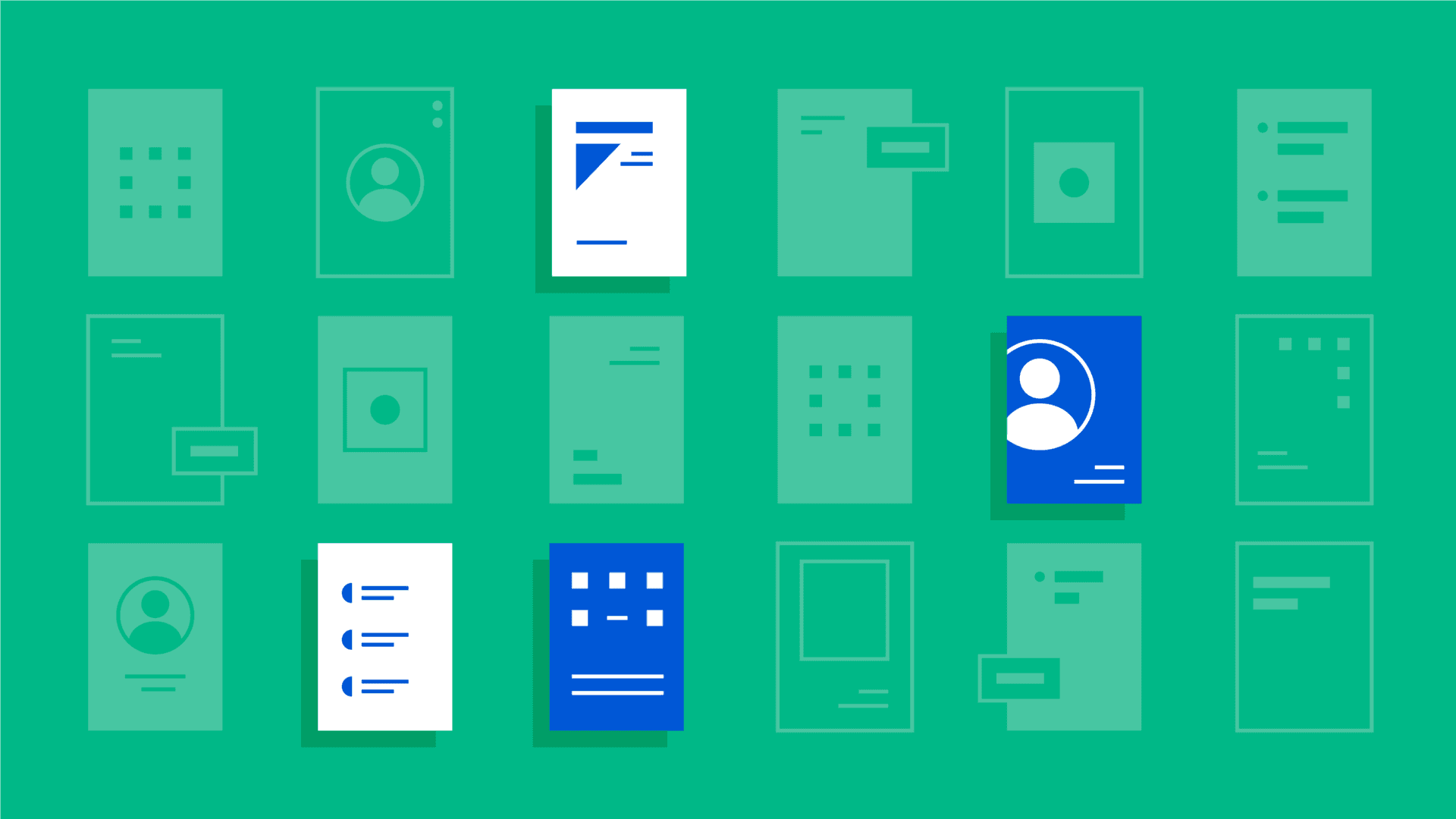 Bold white and blue resumes stand out amongst a grid of light-green documents.