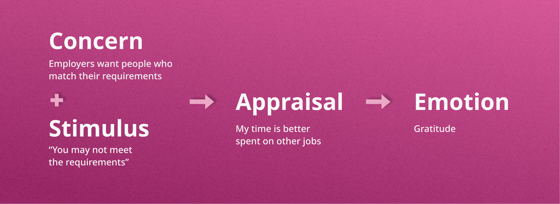 Text: "Concern: Employers want people who match their requirements + Stimulus: You may not meet the requirements" then "Appraisal: My time is better spent on other jobs" then "Emotion: Gratitude"