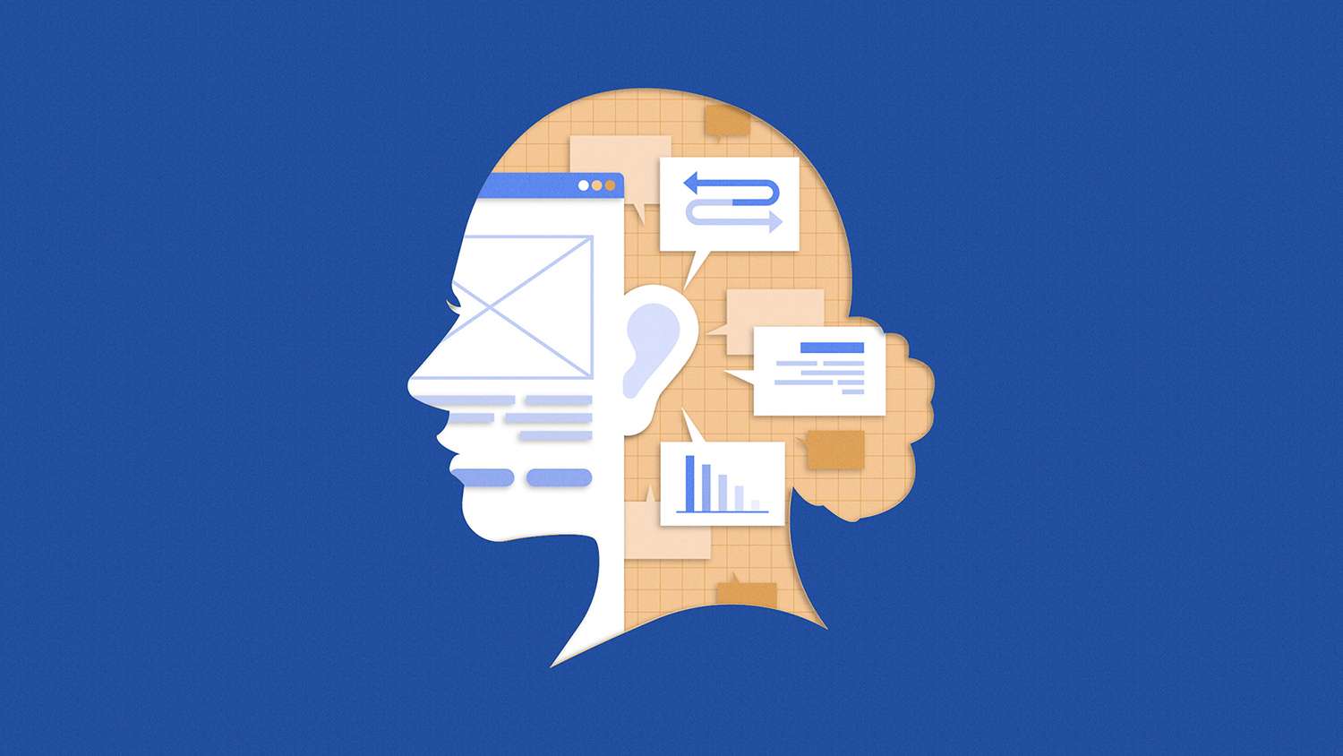 Within the silhouette of a profile head, wireframes and graphs surround a listening ear symbolizing the work done in a UX research career.