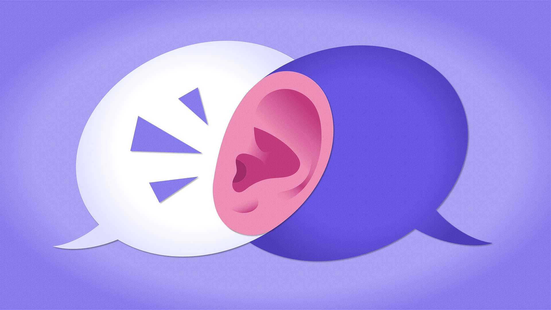 Two speech bubbles cross over each other, a listening ear where they overlap.