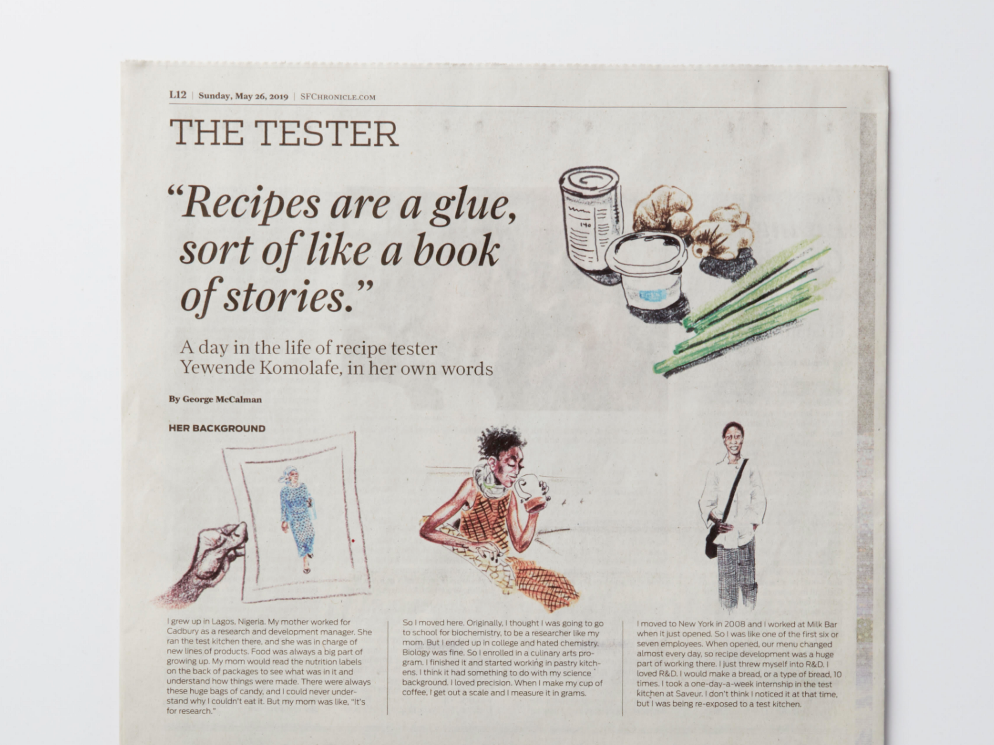 Illustrated newspaper interview with the title text “The tester, a day in the life of recipe tester Yewende Komolafe, in her own words.