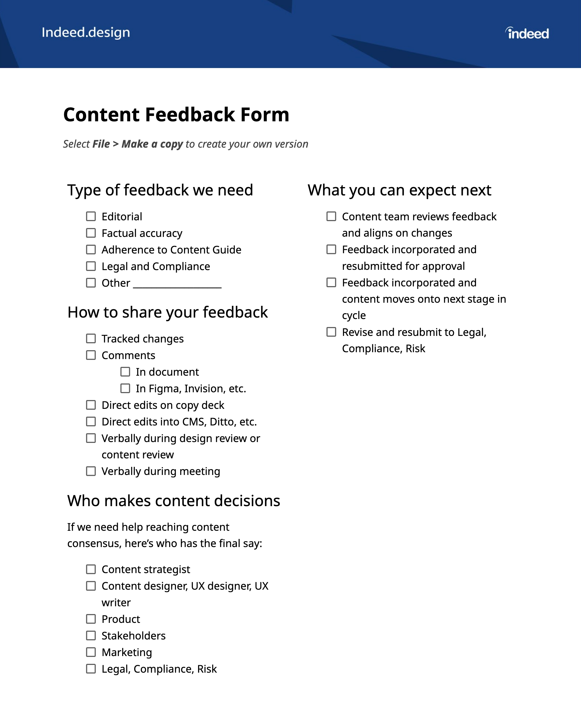 An example content feedback form groups checklist items by topic to focus reviewers' attention.