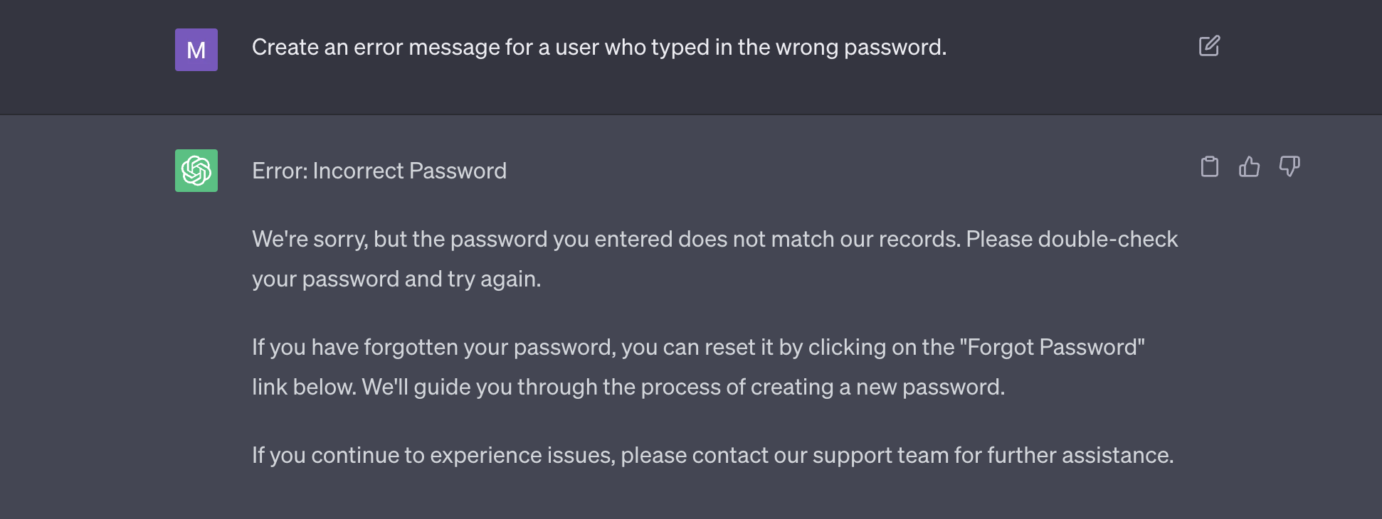 A lengthy, robotic AI-generated error message reads: "Error: Incorrect Password We're sorry, but the password you entered does not match our records. Please double-check your password and try again. If you have forgotten your password, you can reset it by clicking on the 'Forgot Password' link below. We'll guide you through the process of creating a new password. If you continue to experience issues, please contact our support team for further assistance."