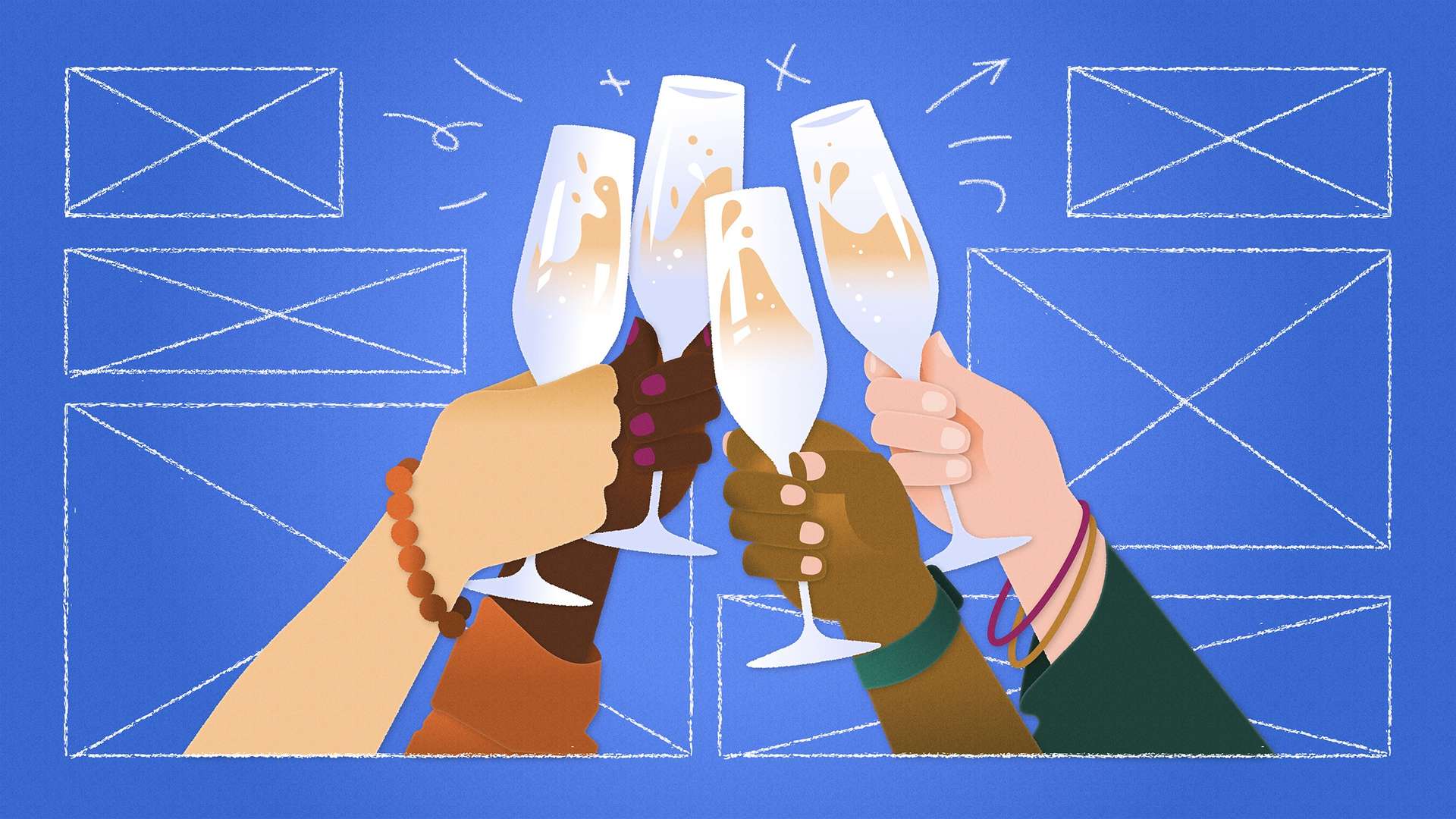 Hands raise four champagne glasses in a toast to a successful UX Research session.