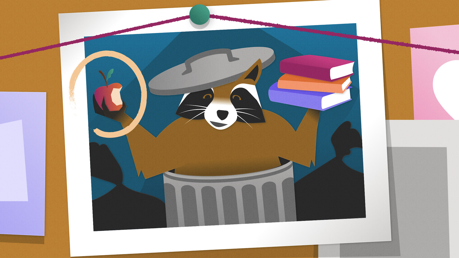 Raccoon representing a UX trash animal doing UX discovery stands in a trash can holding an apple and a pile of books.