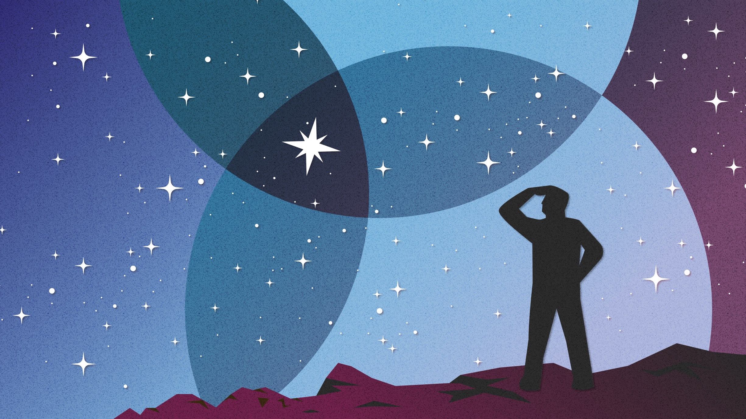 A stargazer stands on the crest of a hill and peers at the night sky, where a bright star shines at the center of intersecting circles of light in hues of blue and purple.