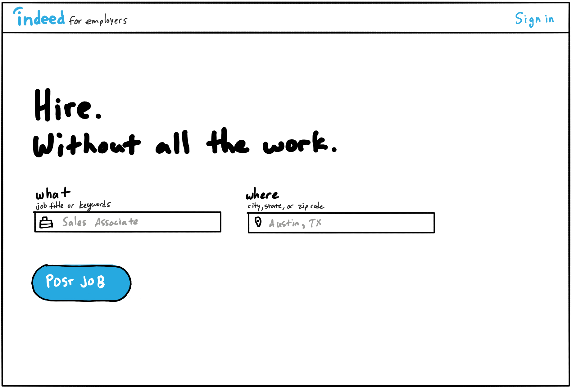 A basic hand-drawing of an Indeed homepage for employers. Hero text reads, "Hire. Without all the work." Below are two entry fields for job title and location and a "Post job" button.