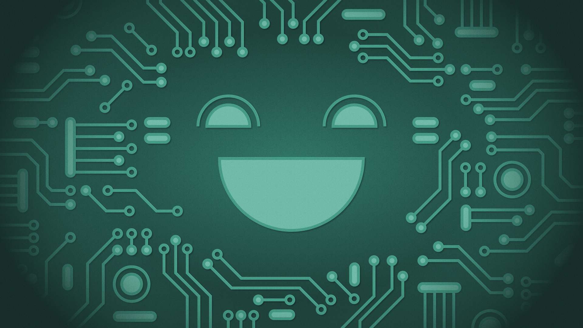 The traces and pads of a computer chip connect around an illuminated smiley face at the center.