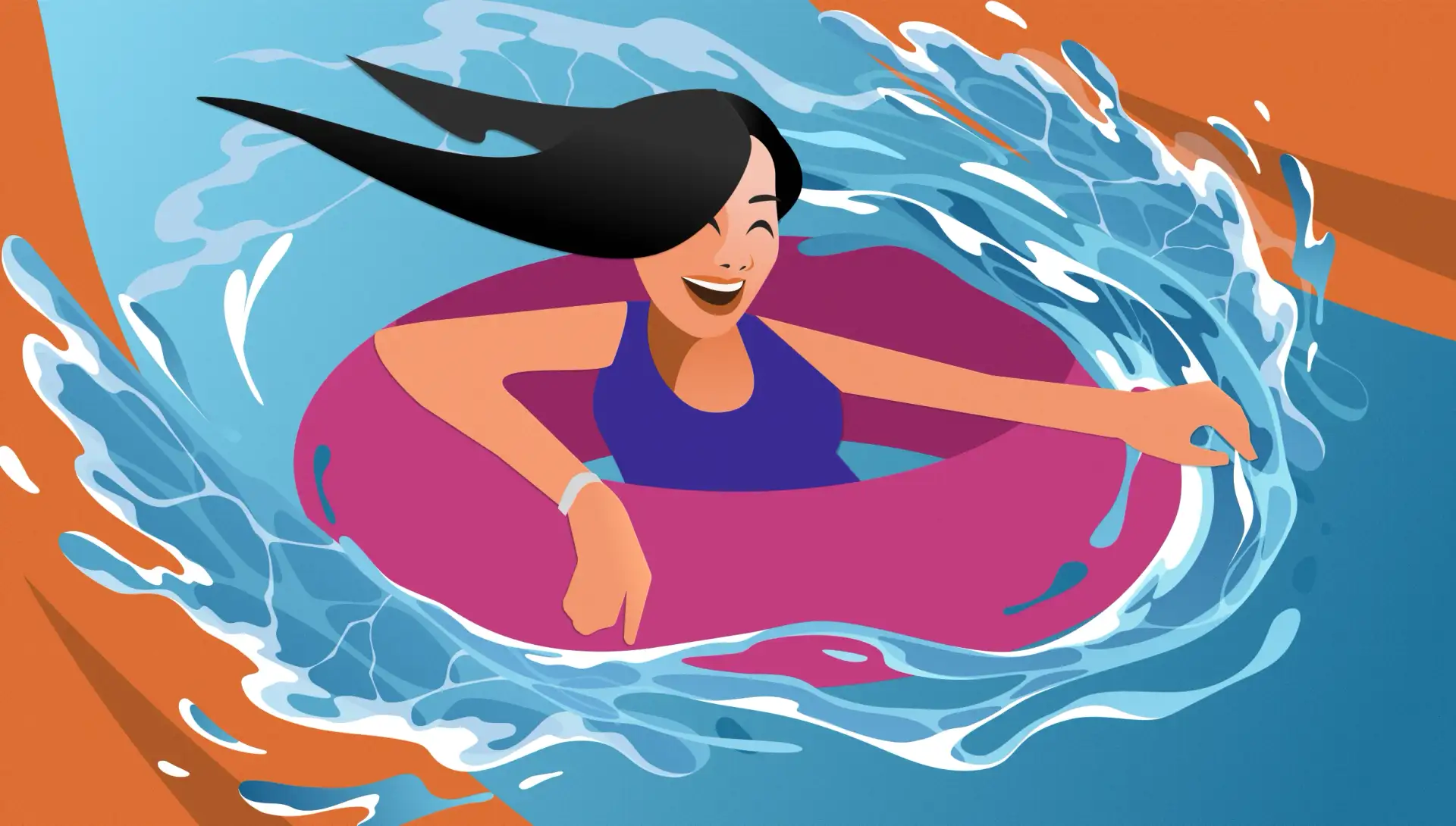 Person smiles as they splash down a water slide in an inflatable tube