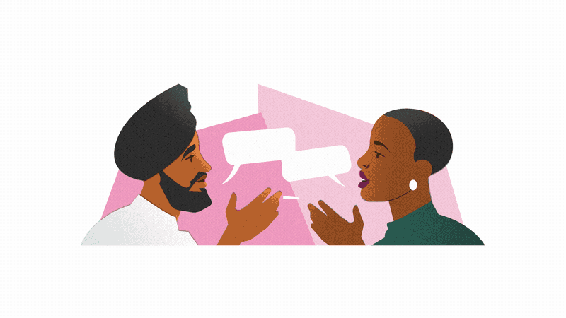 A GIF highlighting motion in our illustrations and relatable scenes. The first image shows a woman working from home, the next image is of 2 people shaking hands, the third is of 2 people having a conversation, and the last is a group of people on a video call.