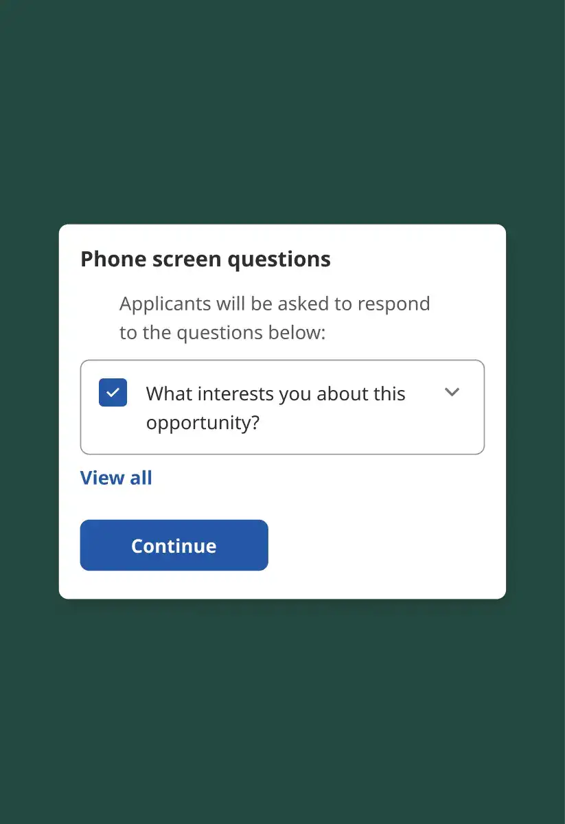 Indeed job post flow screen with dropdown of interview questions the employer can choose and text “Phone screen questions”