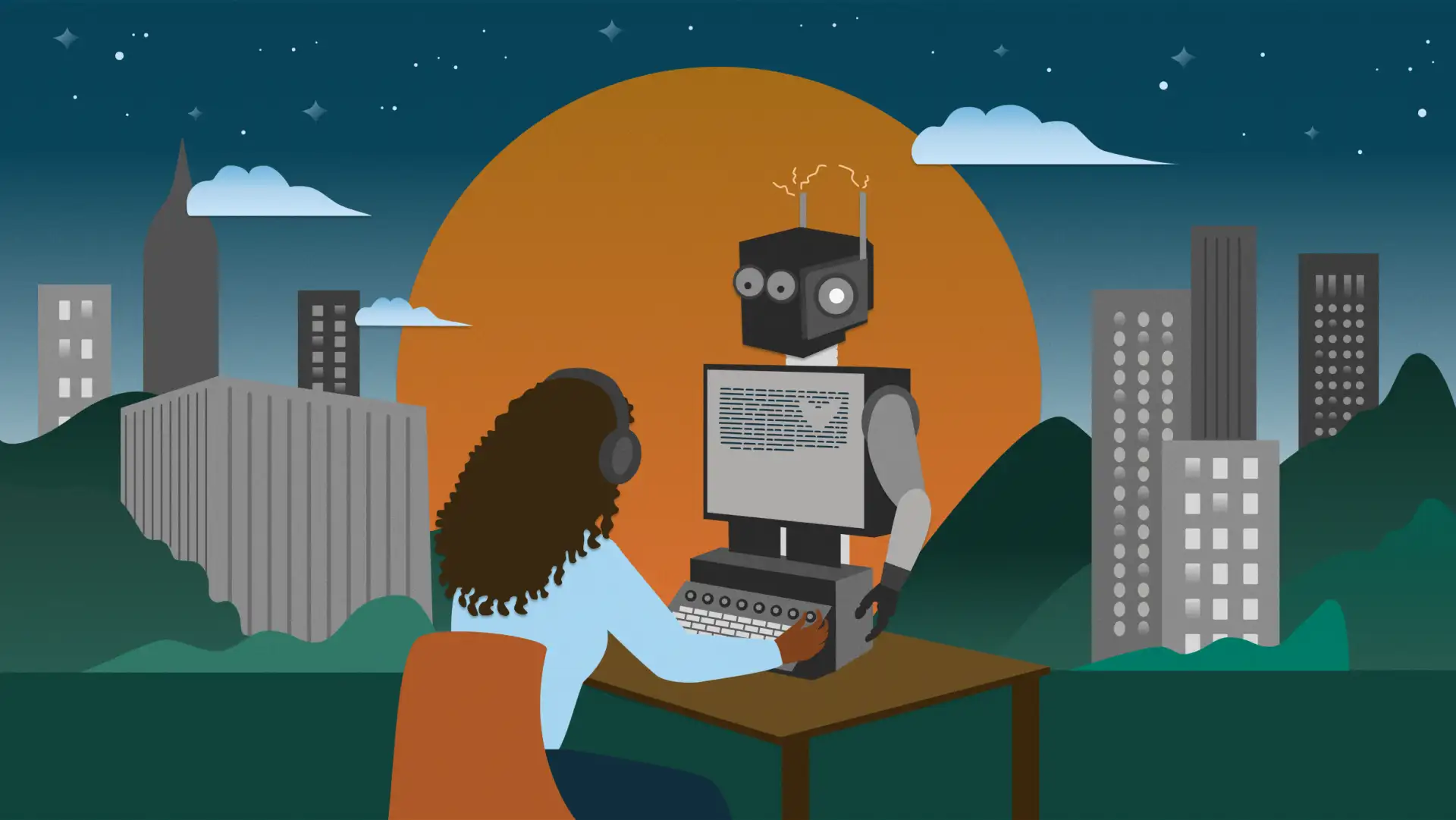 A person types at a robot-computer with the sun going down on a cityscape in the distance