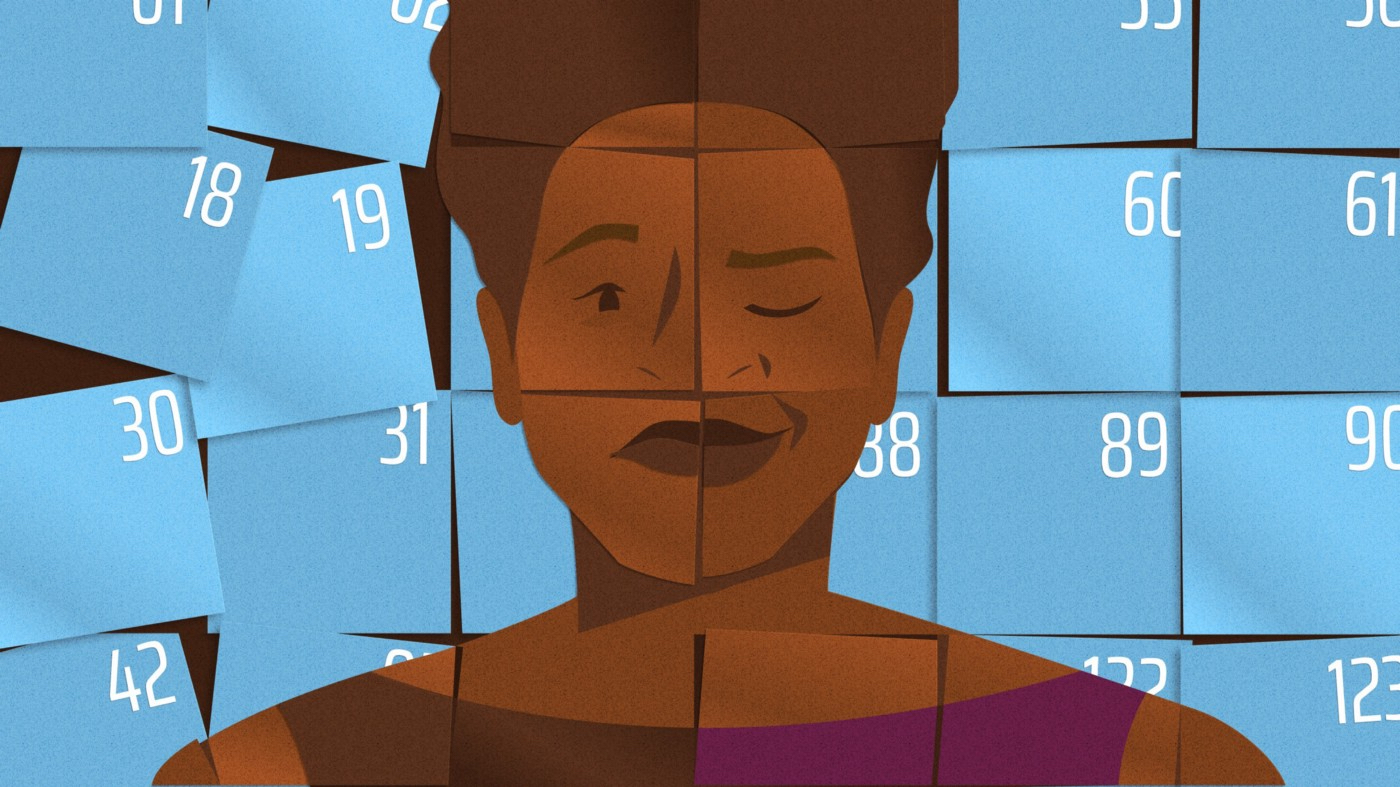 A woman's expression changes from fraught to satisfied as she stands against a background of blue calendar squares