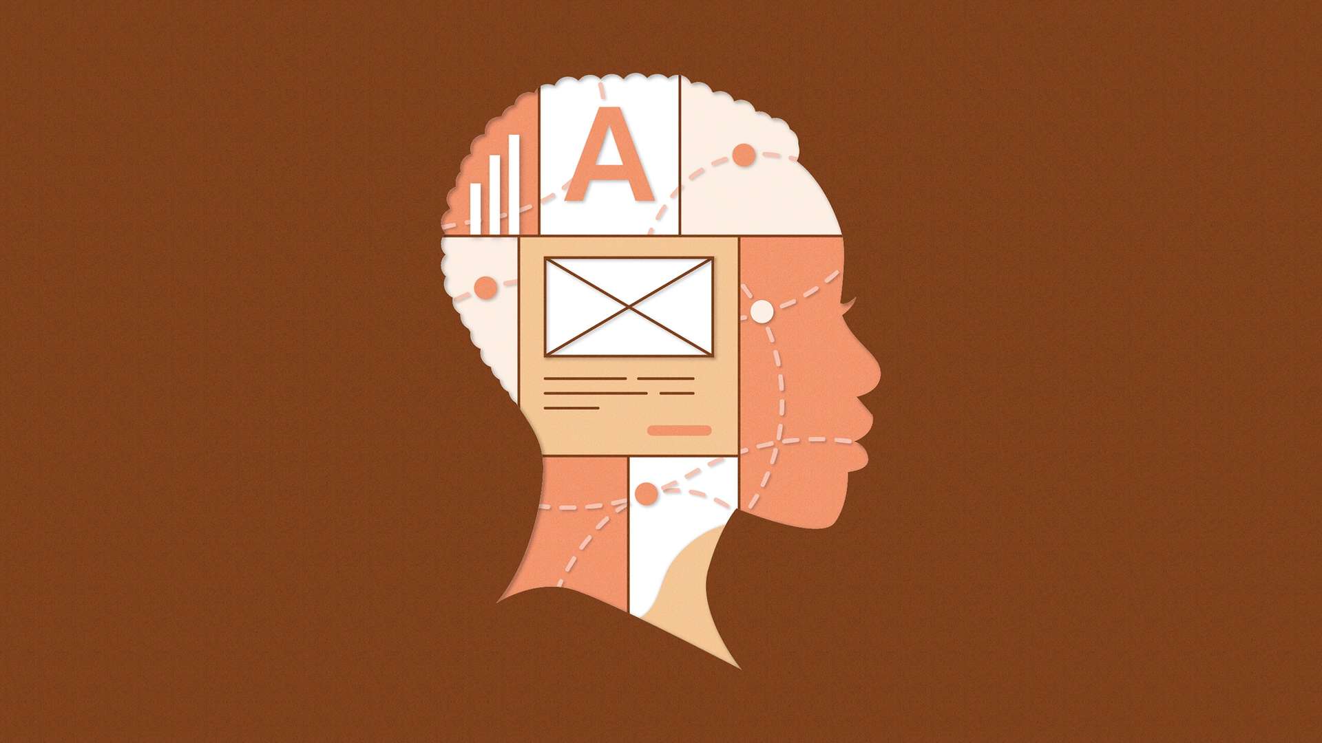 In the silhouette of a profile head, lines connect letters to wireframes and graphs, symbolizing the work done in a UX content design career.