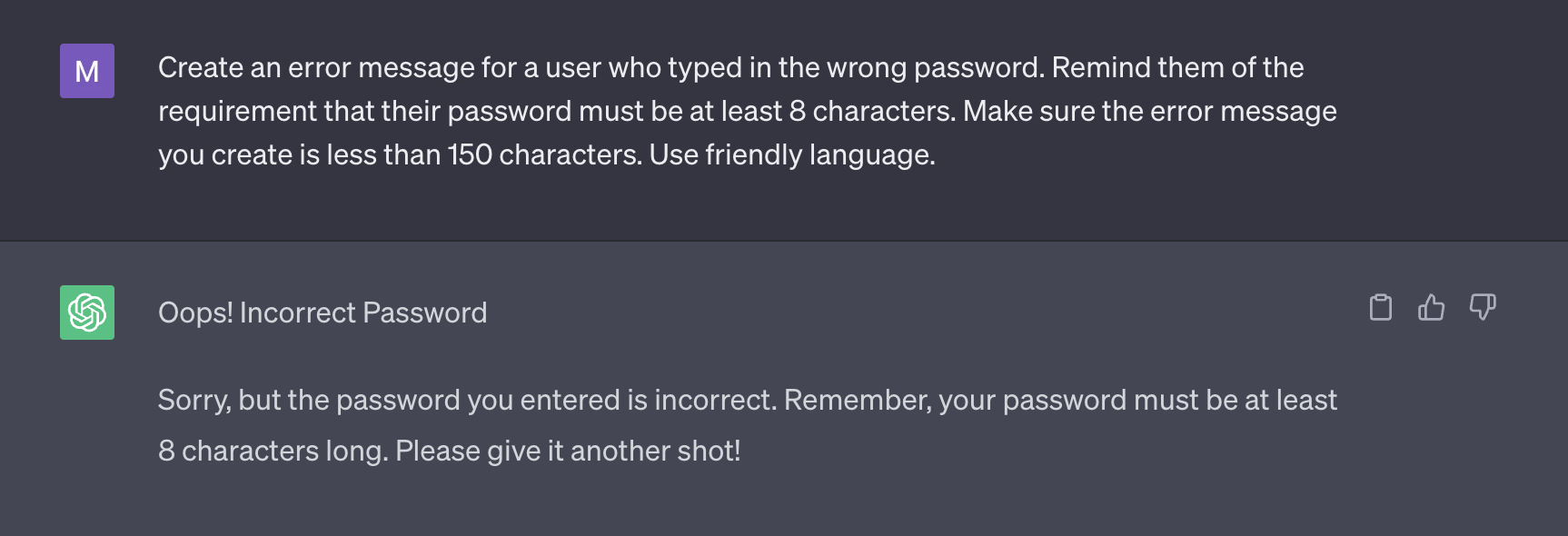 Another AI-generated error message after revisions to the prompt reads: "Oops! Incorrect Password Sorry, but the password you entered is incorrect. Remember, your password must be at least & characters long. Please give it another shot!"